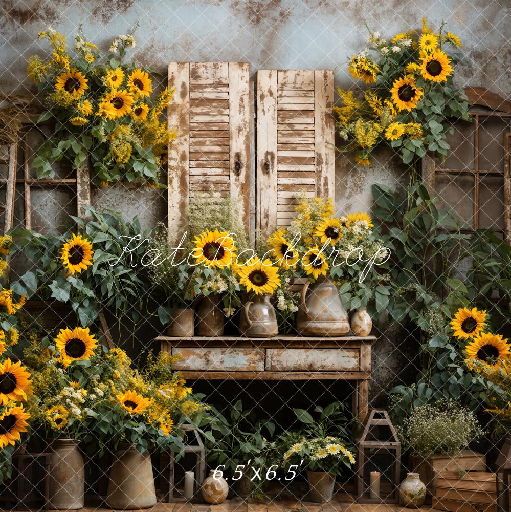 Girasoles de verano en un antiguo mobiliario de fondo de habitación diseñado por Emetselch