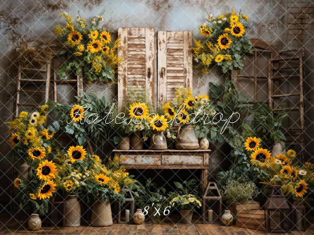 Girasoles de verano en un antiguo mobiliario de fondo de habitación diseñado por Emetselch