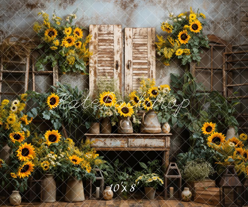 Girasoles de verano en un antiguo mobiliario de fondo de habitación diseñado por Emetselch