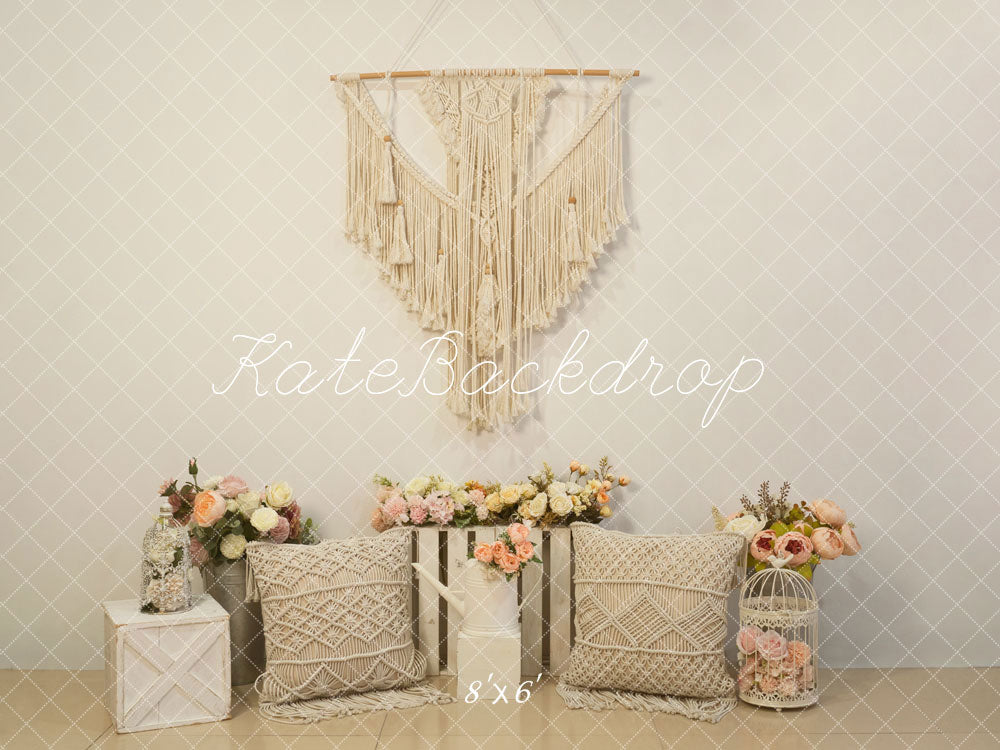 Boho Wind Wandkleed Bloemen Kussen Foto Achtergrond Ontworpen door Emetselch