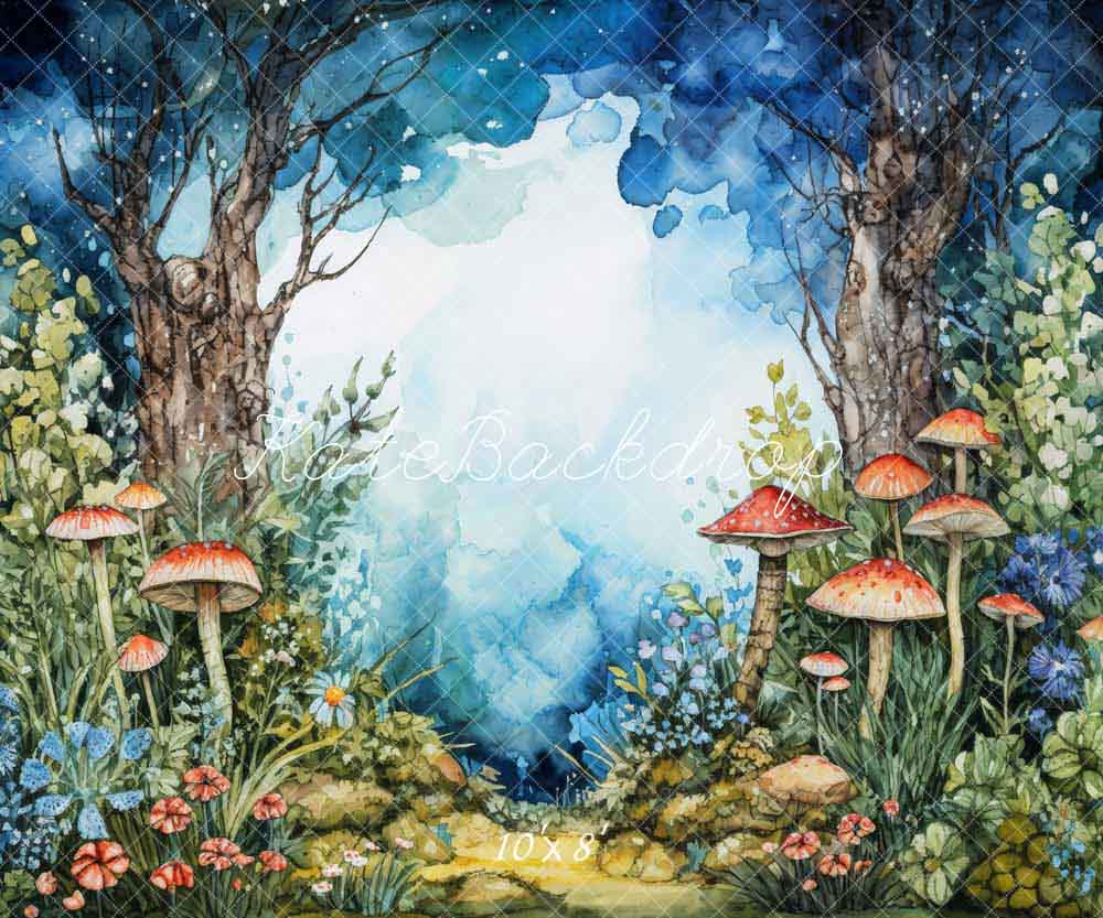 Kate Animated Mushroom Forest Blue Backdrop Designed by Chain Photography