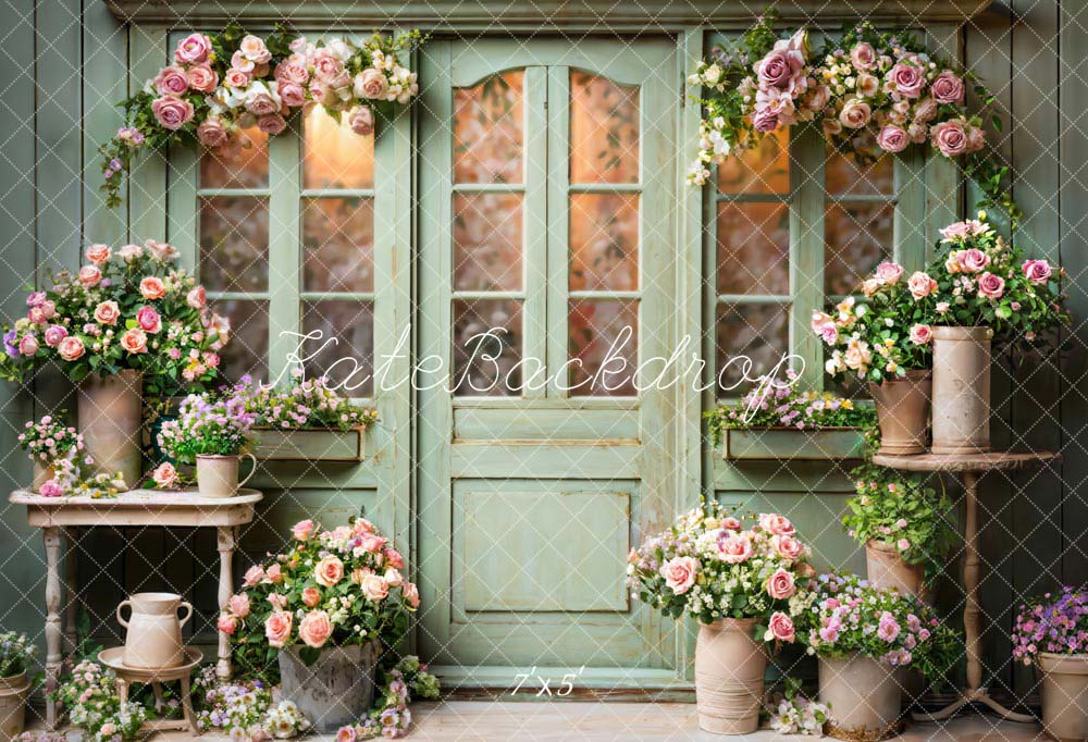 Sfondo porta in legno verde con fiori primaverili progettato da Emetselch