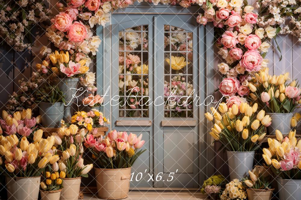 Fondo de puerta de madera con flores de primavera diseñado por Chain Photography