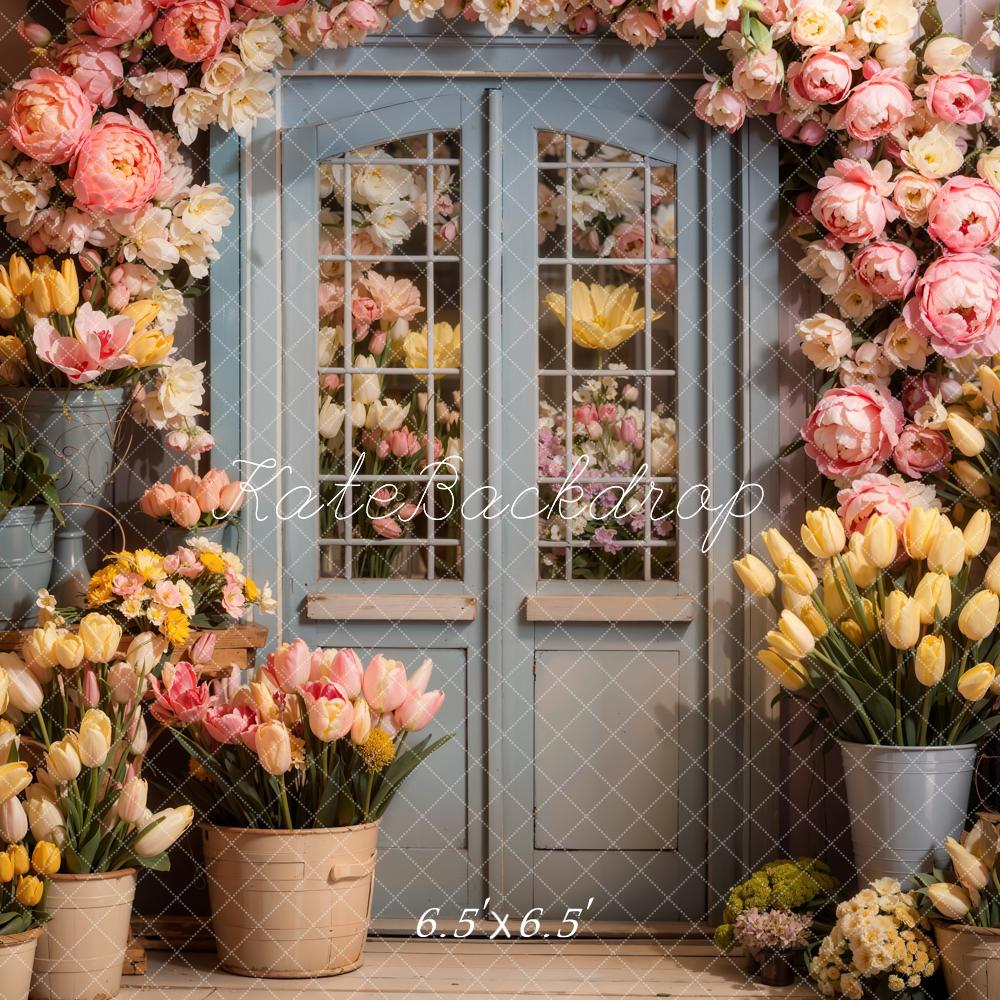 Lentebloemen Houten Deur Foto Achtergrond Ontworpen door Chain Photography