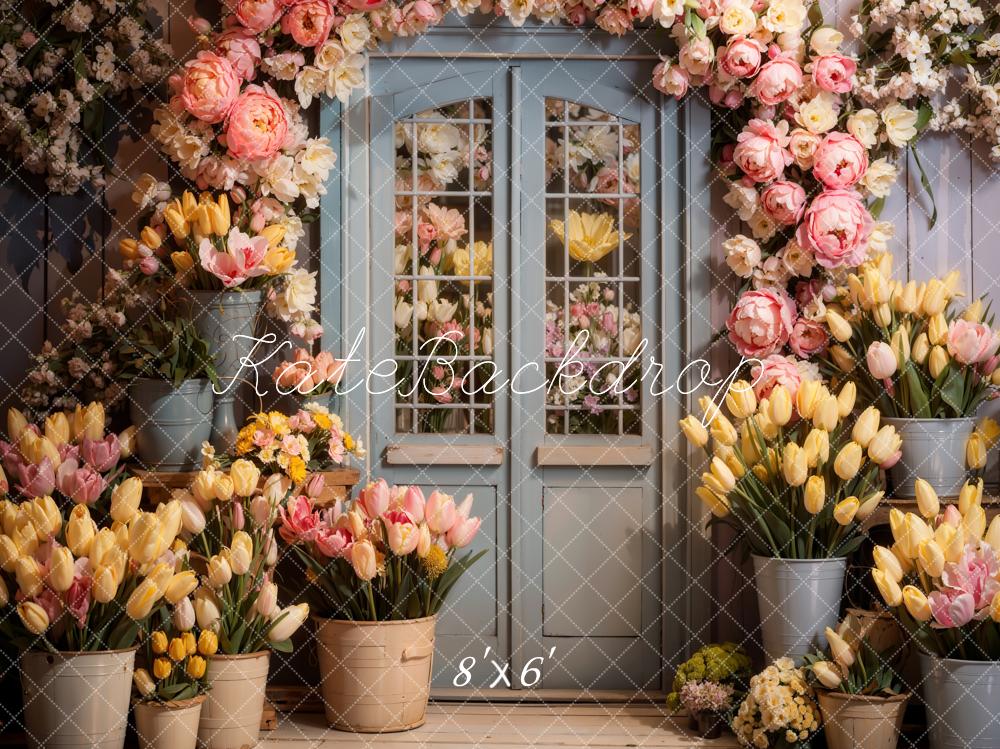 Fondo de puerta de madera con flores de primavera diseñado por Chain Photography