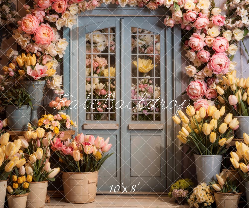 Fondo de puerta de madera con flores de primavera diseñado por Chain Photography