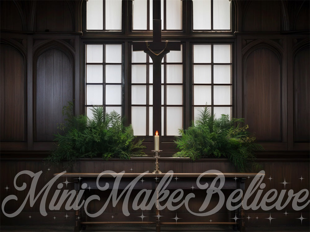 Sfondo interno della chiesa con croce di legno a tema Pasqua primaverile progettato da Mini MakeBelieve