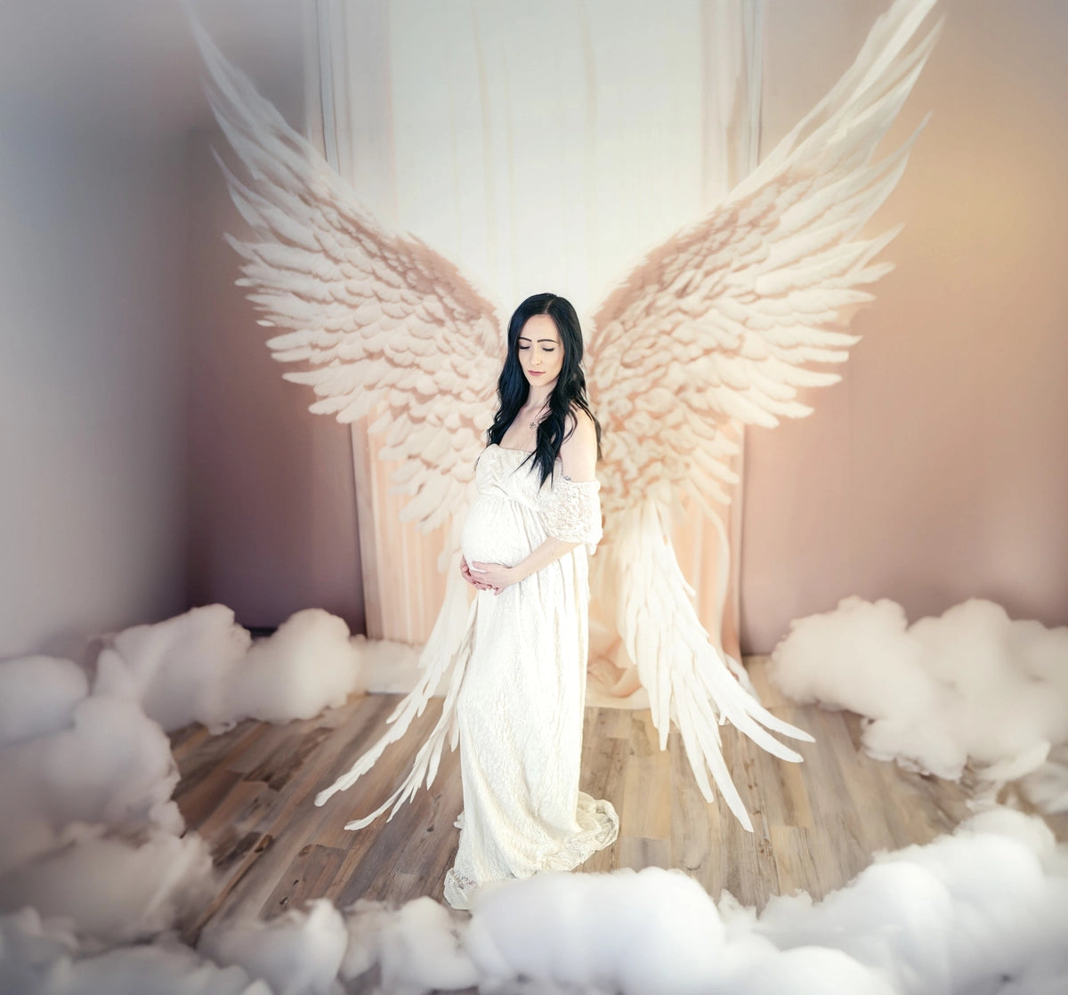 Witte Engelen Vleugel Gordijnen Achtergrond Ontworpen door Chain Photography