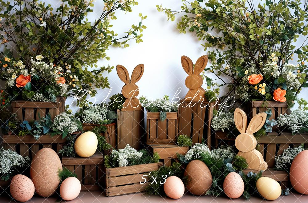 Fondo de decoración de Pascua de conejitos de madera diseñado por Patty Robert