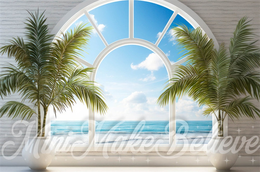 Fondo de palmeras en la ventana de la playa de verano diseñado por Mini MakeBelieve