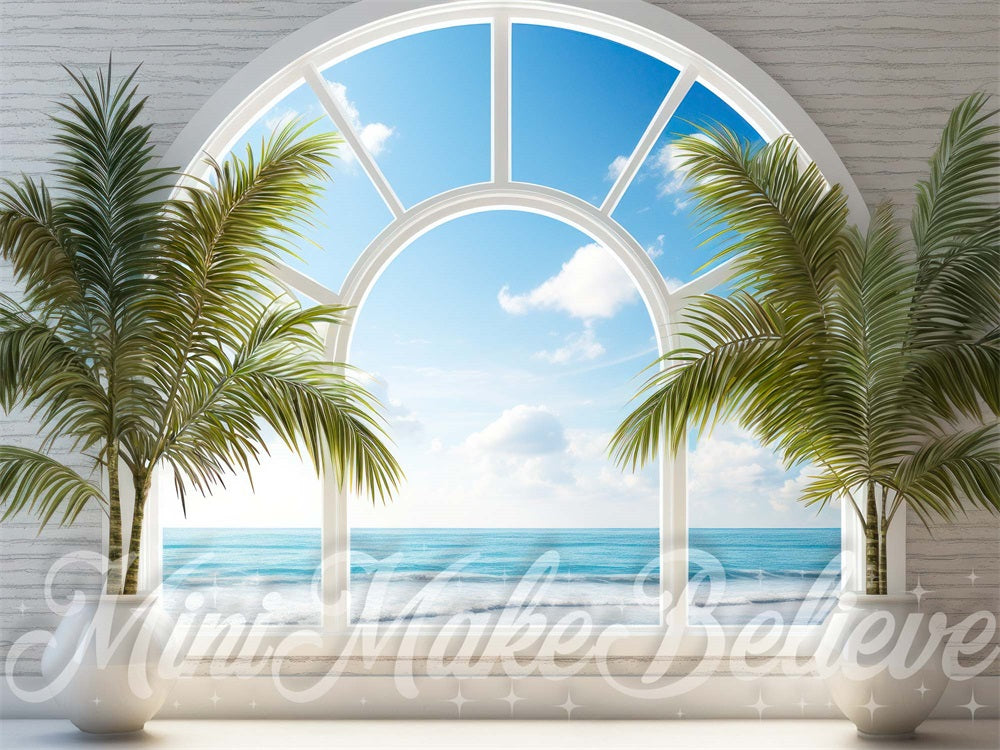 Zomer Strand Venster Palm Bomen Foto Achtergrond Ontworpen door Mini MakeBelieve