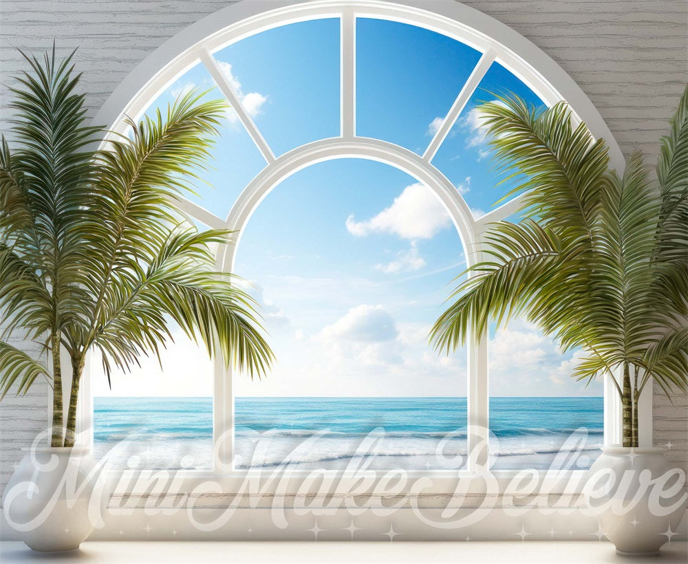 Zomer Strand Venster Palm Bomen Foto Achtergrond Ontworpen door Mini MakeBelieve