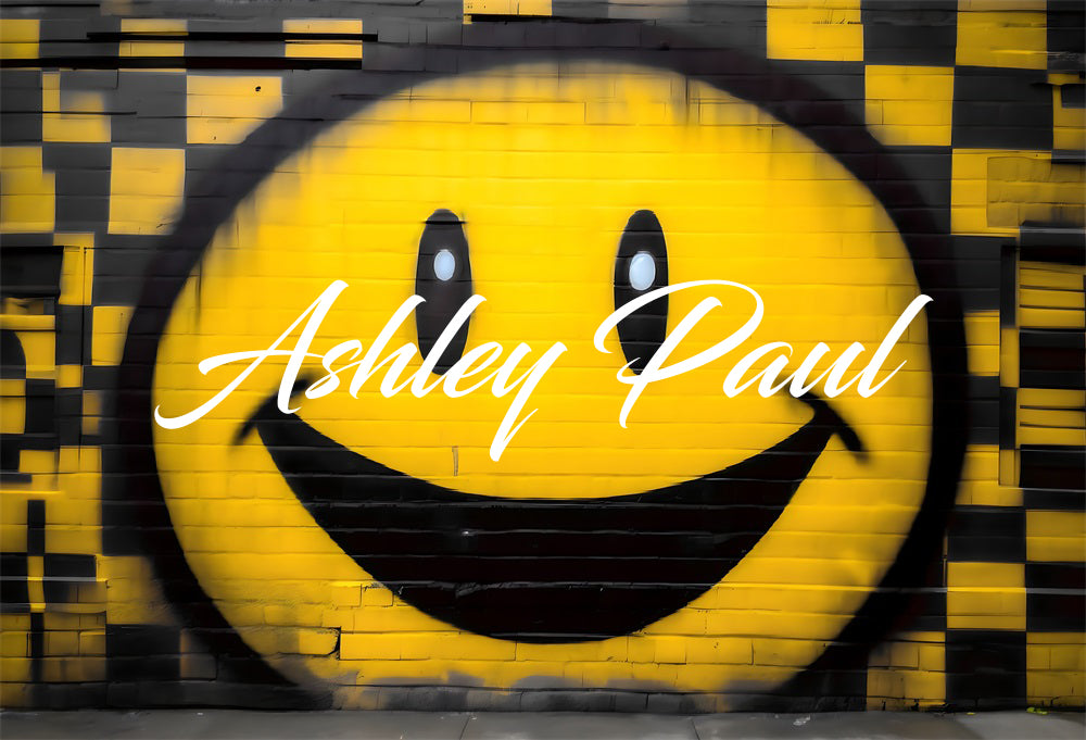 Geel en zwart geruite smiley-face-achtergrond ontworpen door Ashley Paul.