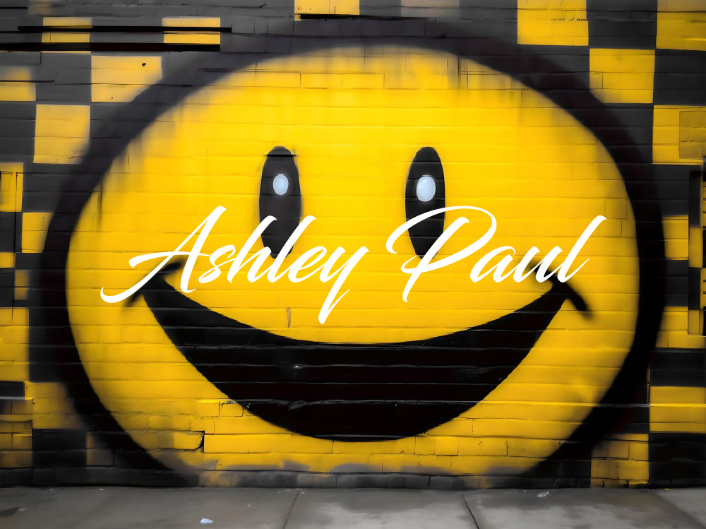 Geel en zwart geruite smiley-face-achtergrond ontworpen door Ashley Paul.