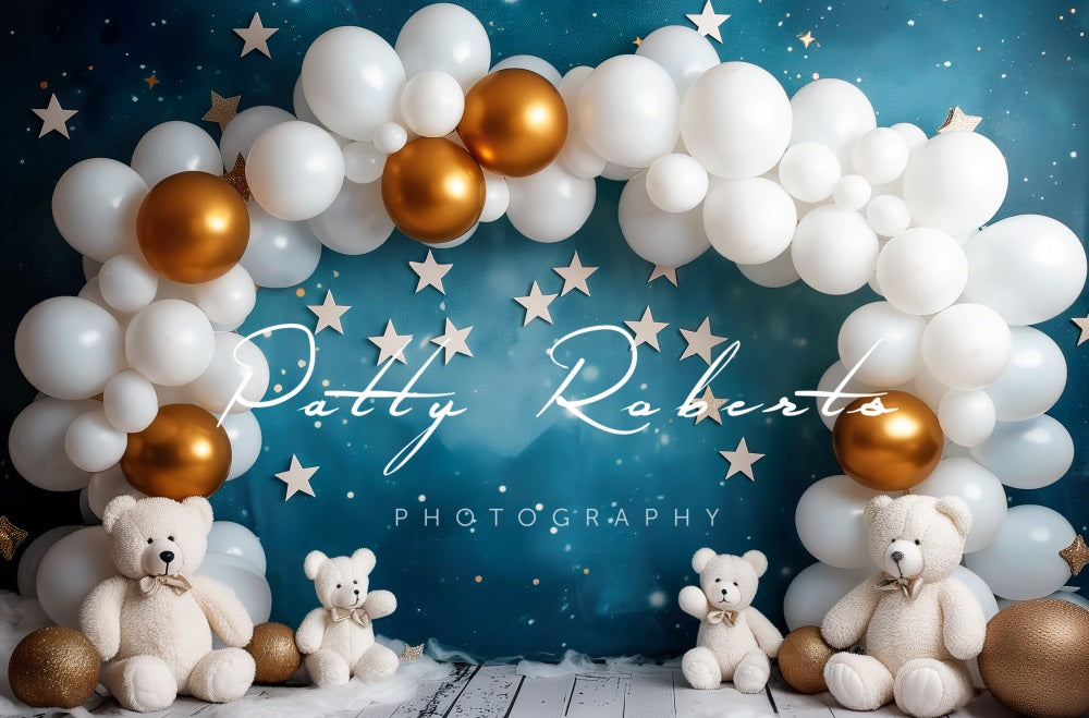 Decorazione di palloncini bianchi e sfondo con orsi progettati da Patty Robert