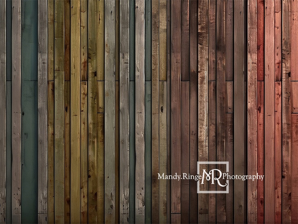 Escenario de suelo de madera de granero en tonos desgastados del arcoíris diseñado por Mandy Ringe Photography