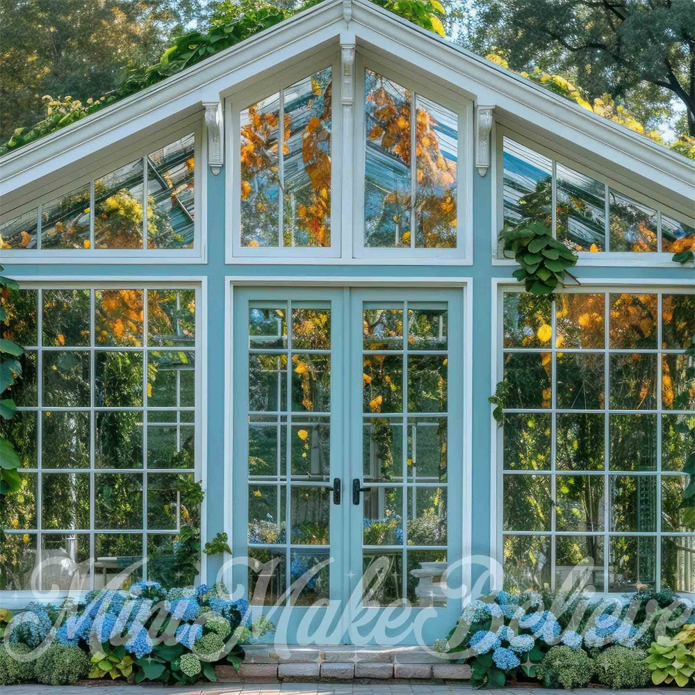 Kate Spring Forest Plants Exterior Blue Greenhouse Backdrop Designed by Mini MakeBelieve