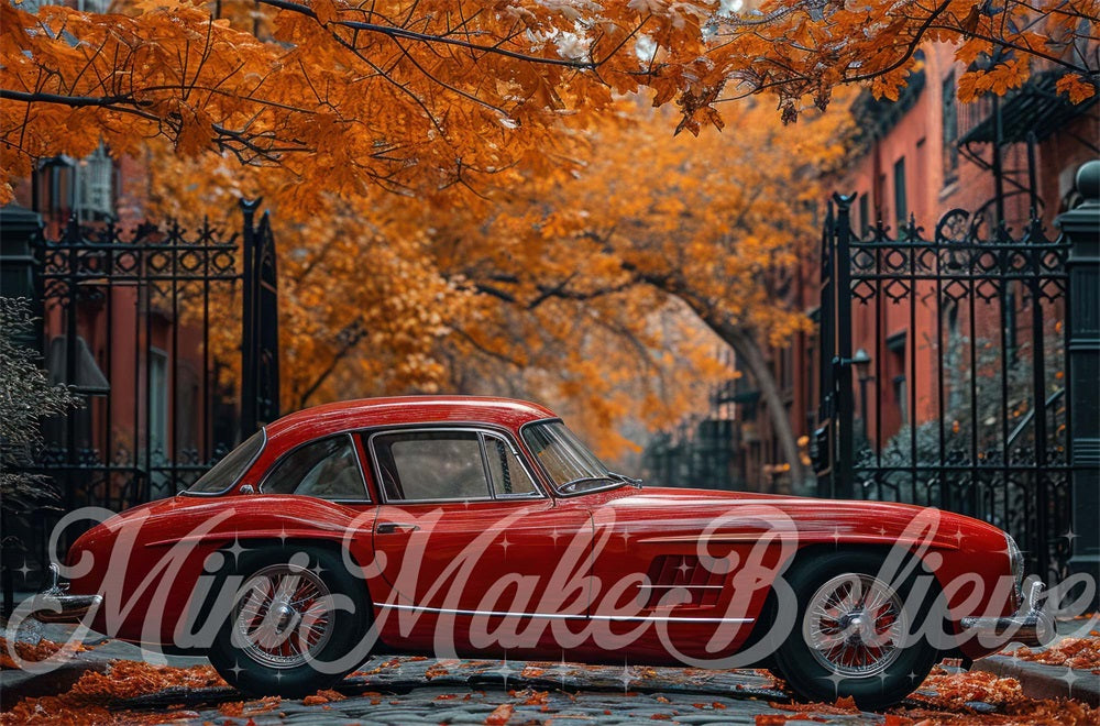 Fondo de pantalla de otoño con puerta de hierro, arce rojo y coche diseñado por Mini MakeBelieve