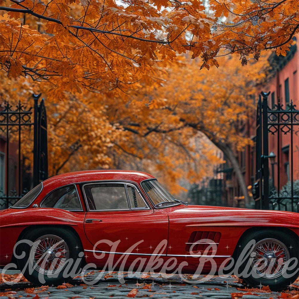 Fondo de pantalla de otoño con puerta de hierro, arce rojo y coche diseñado por Mini MakeBelieve