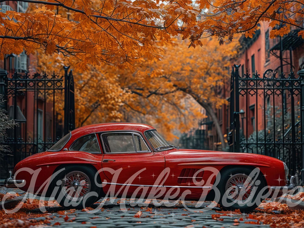 Fondo de pantalla de otoño con puerta de hierro, arce rojo y coche diseñado por Mini MakeBelieve