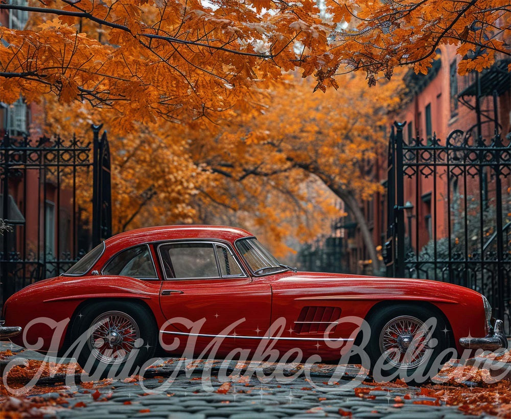 Fondo de pantalla de otoño con puerta de hierro, arce rojo y coche diseñado por Mini MakeBelieve