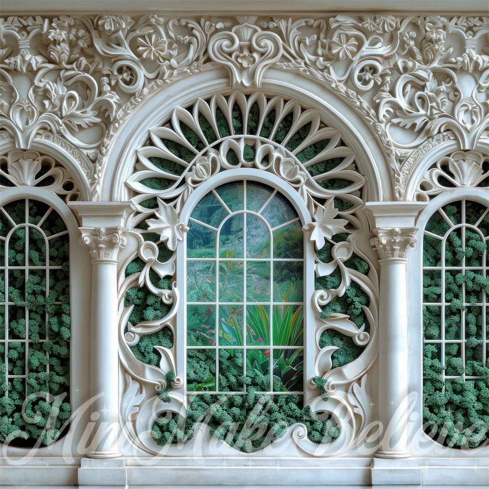 Kate White Green Ornate Arched Window Wall Backdrop Designed by Mini MakeBelieve