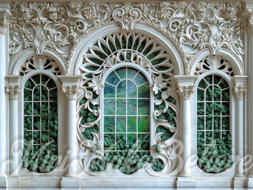 Kate White Green Ornate Arched Window Wall Backdrop Designed by Mini MakeBelieve