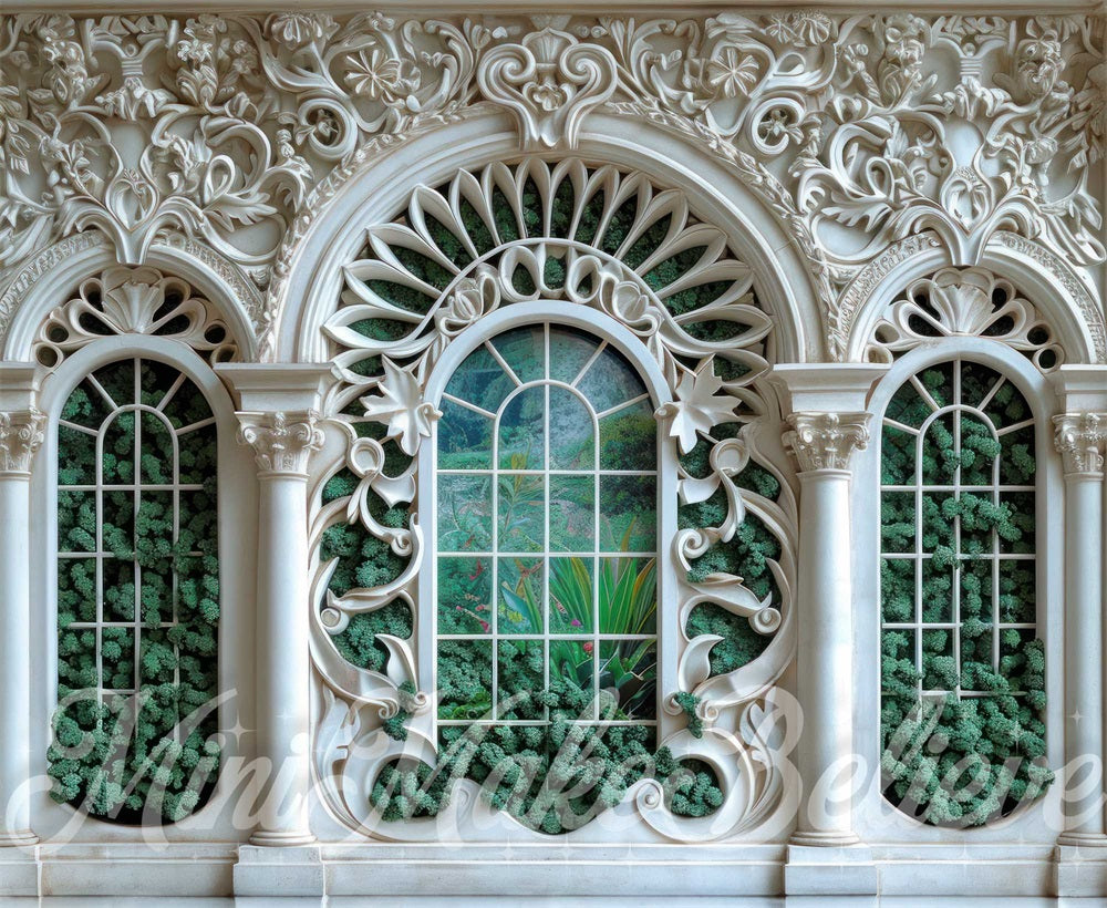 Kate White Green Ornate Arched Window Wall Backdrop Designed by Mini MakeBelieve