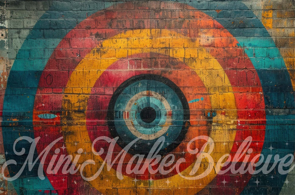 Fondo de objetivo colorido diseñado por Mini MakeBelieve en una pared oscura de ladrillos.