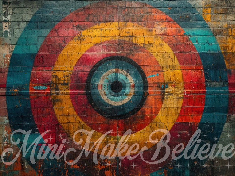 Fondo de objetivo colorido diseñado por Mini MakeBelieve en una pared oscura de ladrillos.