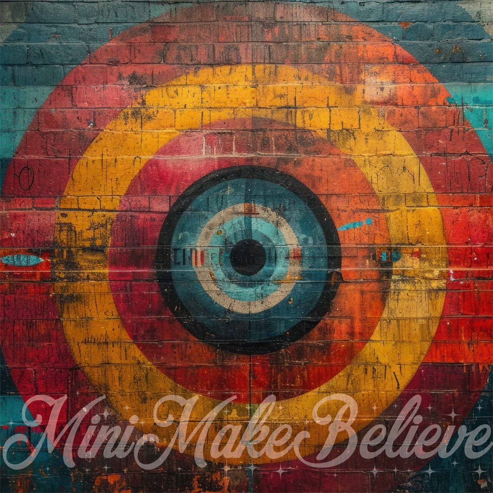 Fondo de objetivo colorido diseñado por Mini MakeBelieve en una pared oscura de ladrillos.