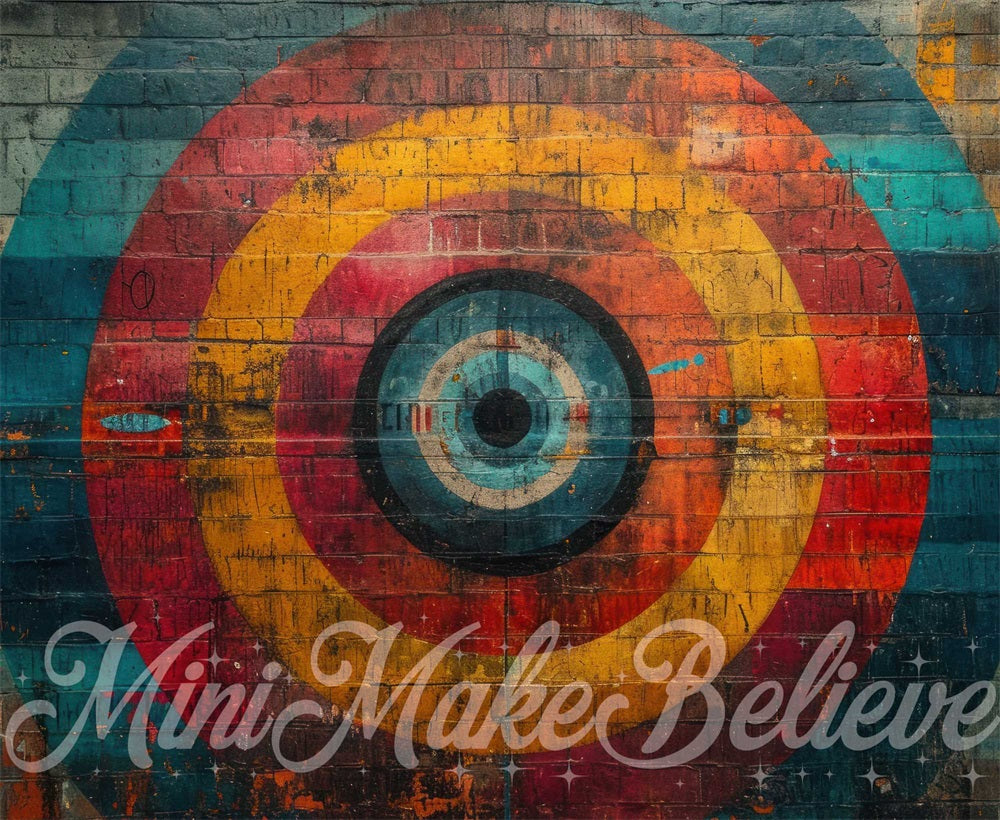 Fondo de objetivo colorido diseñado por Mini MakeBelieve en una pared oscura de ladrillos.