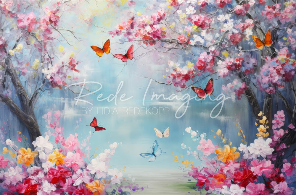 Kate Spring Fantasy Colorful Butterfly Lake Floral Backdrop Designed by Lidia Redekopp