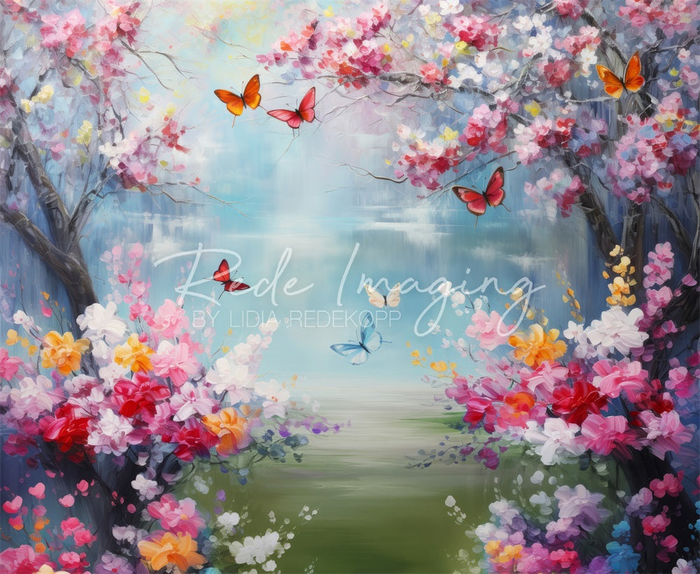 Kate Spring Fantasy Colorful Butterfly Lake Floral Backdrop Designed by Lidia Redekopp