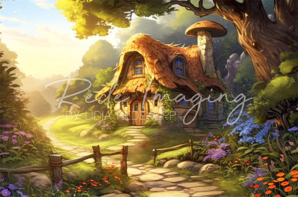 Fantasy Forest Mushroom Cabin Stone Path Backdrop Progettato da Lidia Redekopp