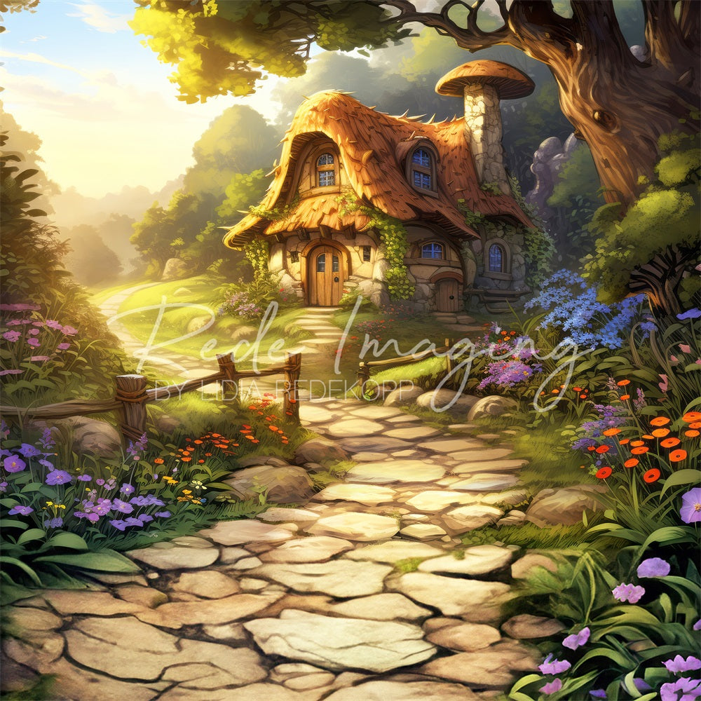 Fantasy Forest Mushroom Cabin Stone Path Backdrop Diseñado por Lidia Redekopp