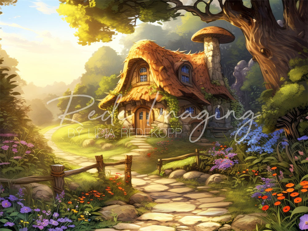 Fantasy Forest Mushroom Cabin Stone Path Backdrop Diseñado por Lidia Redekopp