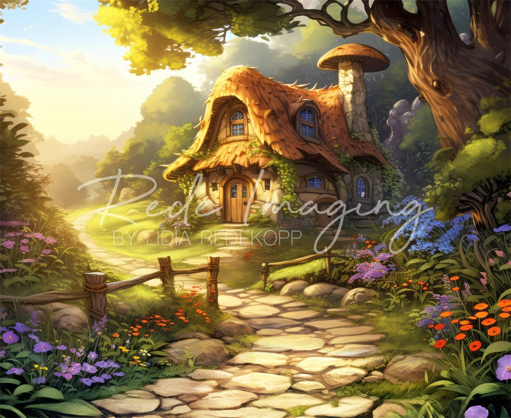 Fantasy Forest Mushroom Cabin Stone Path Backdrop Diseñado por Lidia Redekopp