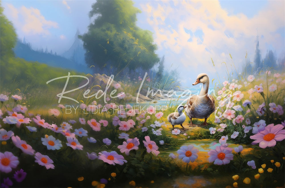 Pradera de primavera, flores coloridas, fondo de patos en el río diseñado por Lidia Redekopp.