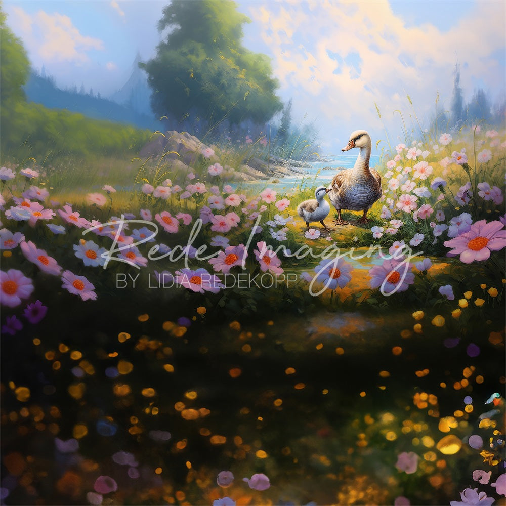 Kate Spring Meadow Colourful Flowers River Ducks Backdrop Designed by Lidia Redekopp