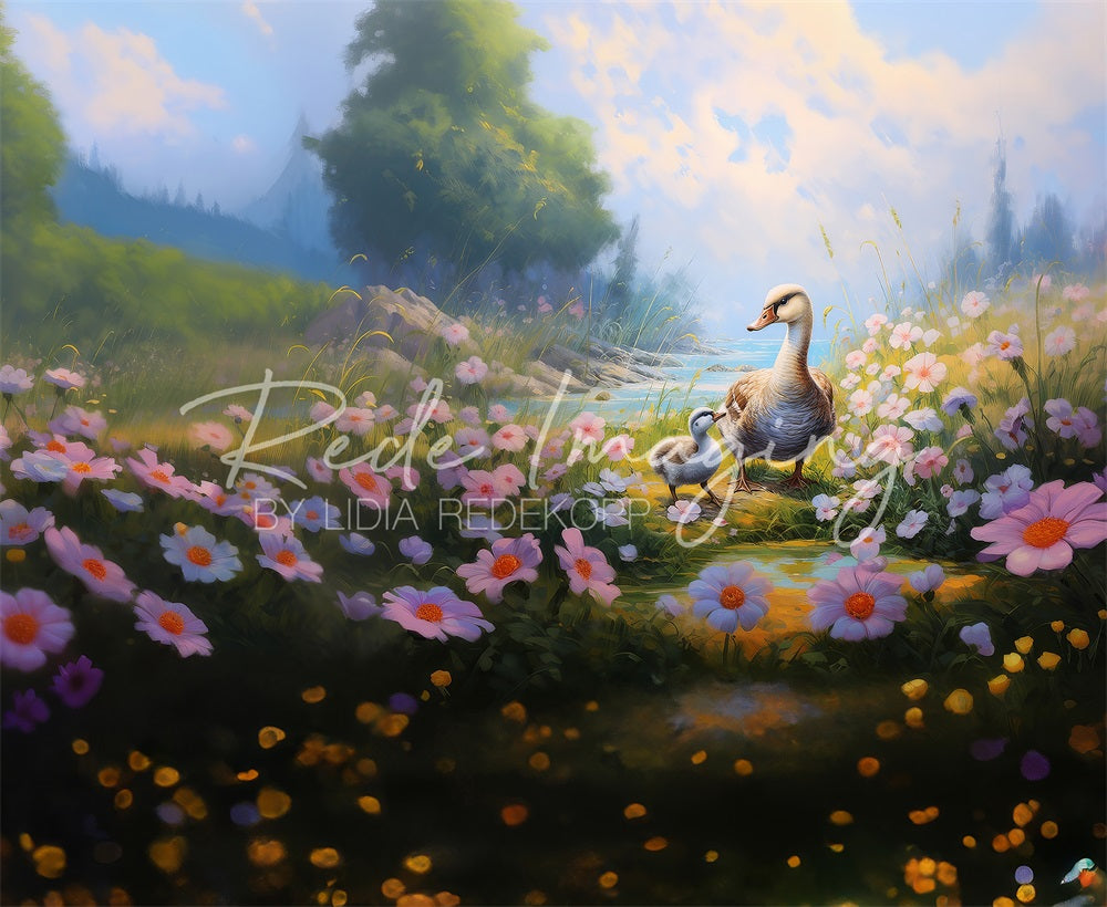 Pradera de primavera, flores coloridas, fondo de patos en el río diseñado por Lidia Redekopp.