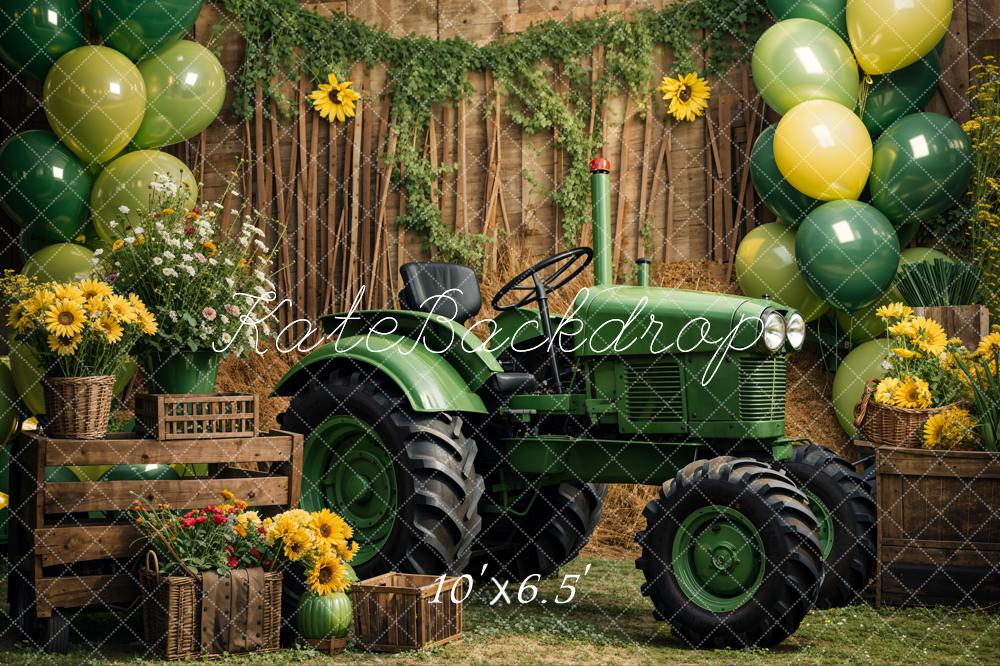 Zomerzon Zonnebloemen Groene Ballon Tractor Foto Achtergrond Ontworpen door Emetselch