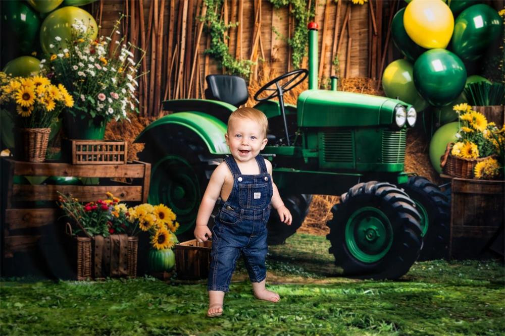 Kate Summer Sunflowers Green Balloon Tractor Backdrop Designed by Emetselch