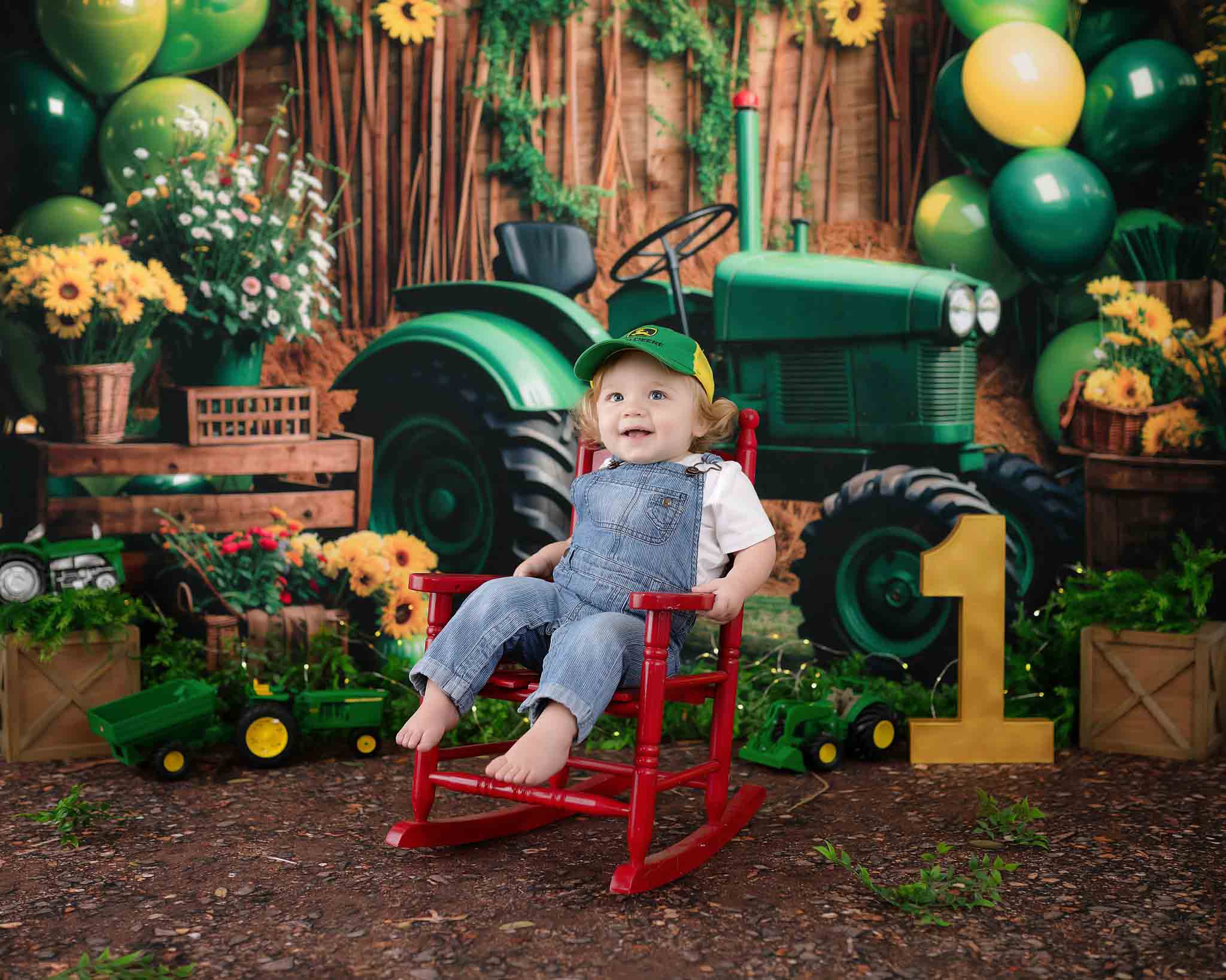 Kate Summer Sunflowers Green Balloon Tractor Backdrop Designed by Emetselch