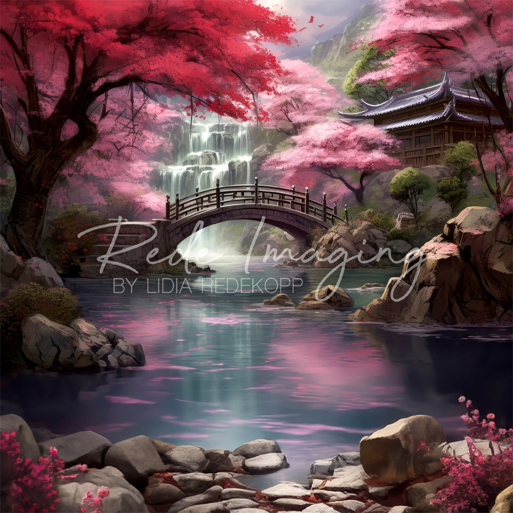 Kate Fantasy Red Maple Forest Waterfall Creek Stone Bridge Temple Garden Backdrop Designed by Lidia Redekopp