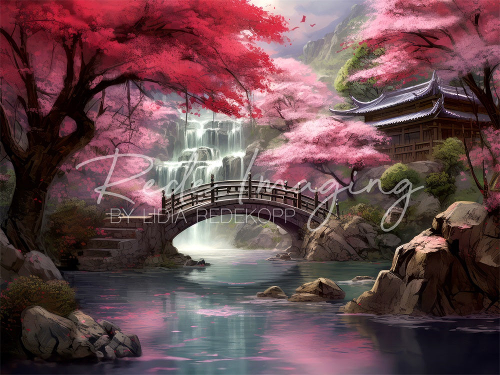 Kate Fantasy Red Maple Forest Waterfall Creek Stone Bridge Temple Garden Backdrop Designed by Lidia Redekopp