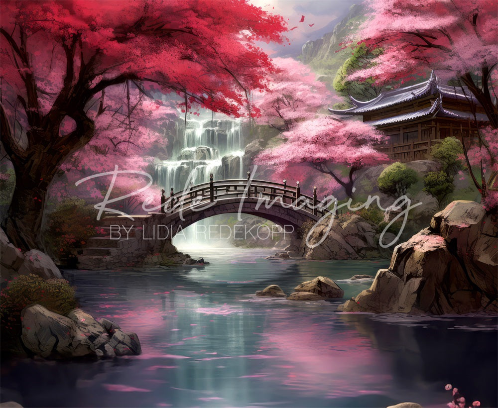 Kate Fantasy Red Maple Forest Waterfall Creek Stone Bridge Temple Garden Backdrop Designed by Lidia Redekopp