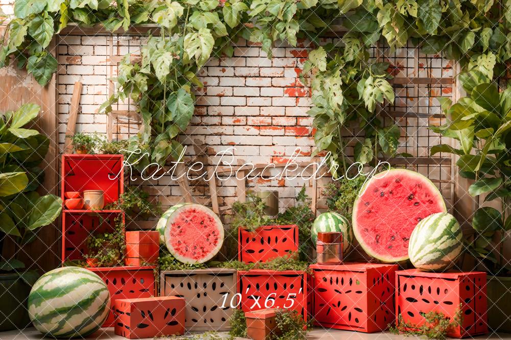 Scatola rossa estiva su sfondo a muro in mattoni verdi con pianta d'acqua e melone progettata da Emetselch