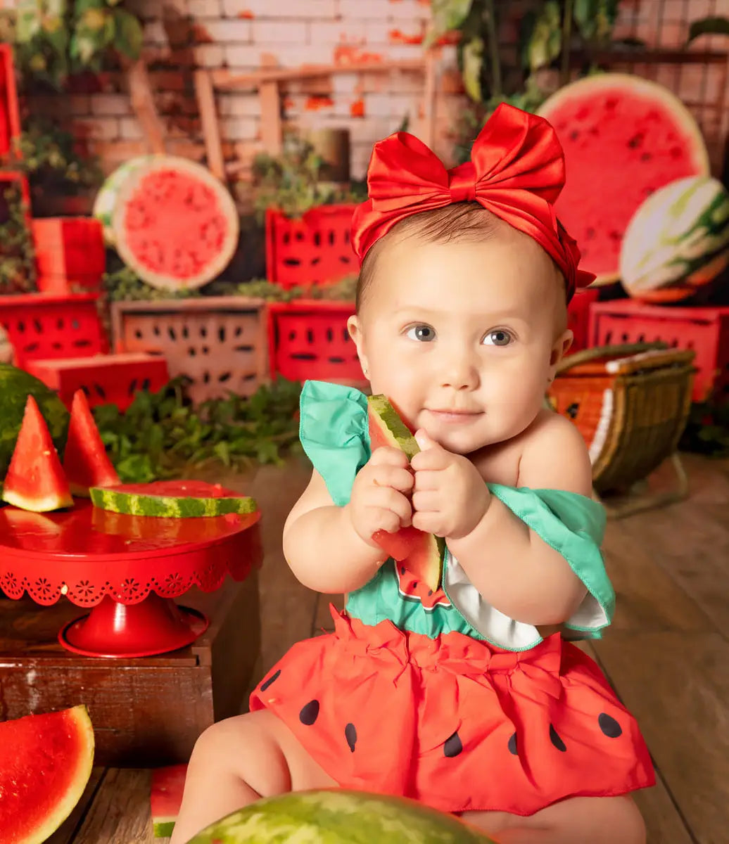 Kate Summer Red Box Green Plant Brick Wall Watermelon Backdrop Designed by Emetselch