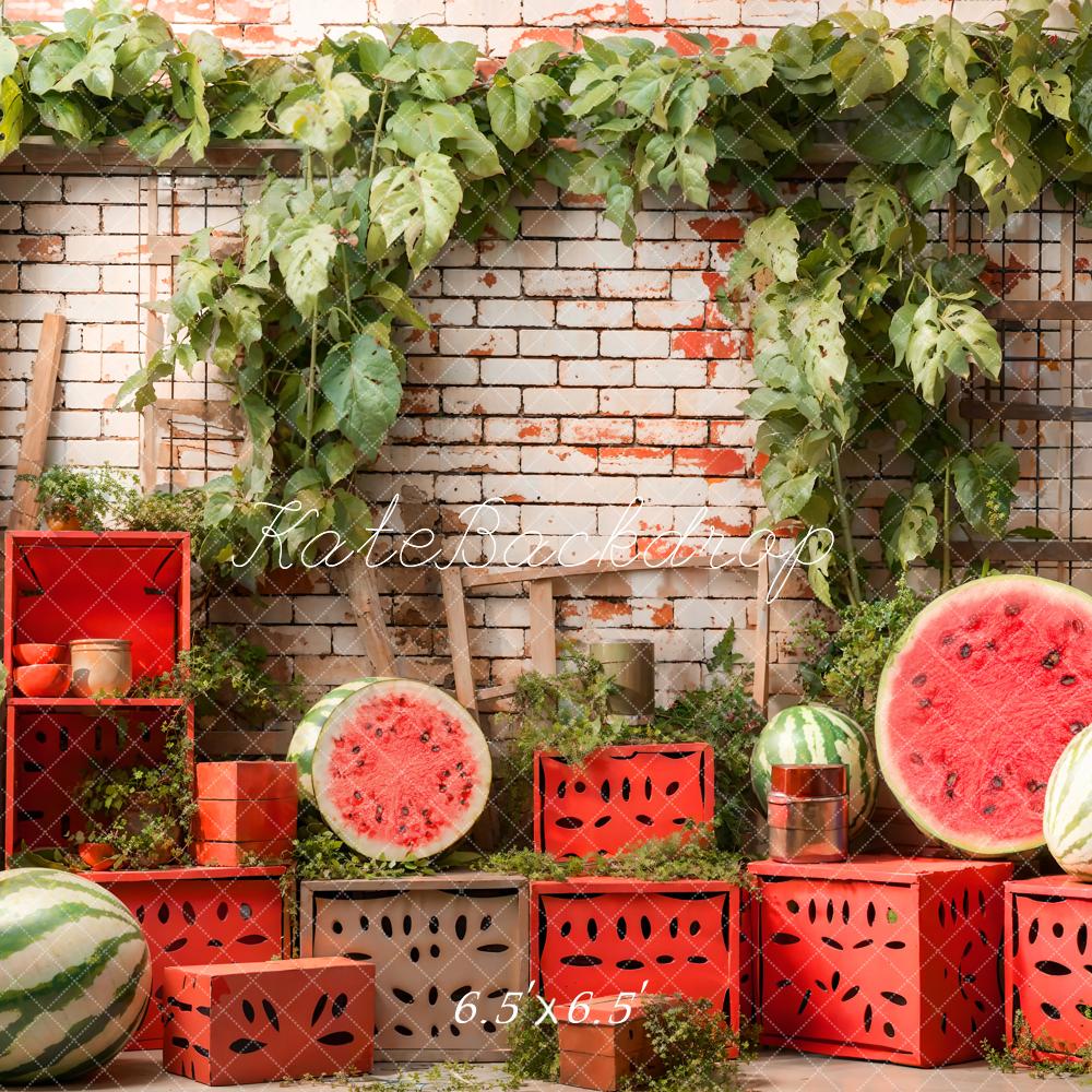 Scatola rossa estiva su sfondo a muro in mattoni verdi con pianta d'acqua e melone progettata da Emetselch